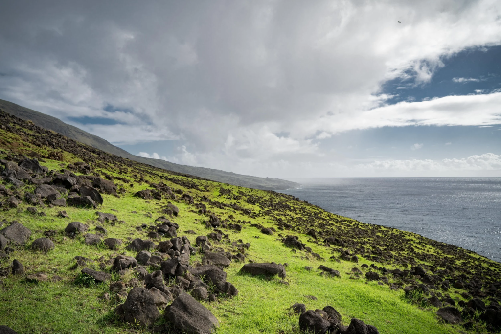 Volcanic rocks and green grass along the North Coast of Rapa Nui overlooking the Pacific Ocean beneath a cloudy sky.
