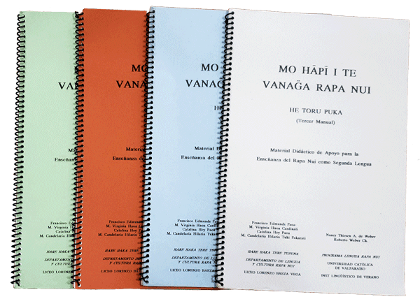 Cuatro tomos de libros de apoyo didáctico creados por Nancy Weber para enseñar la lengua Rapa Nui como segunda lengua a estudiantes y profesores en la escuela local.