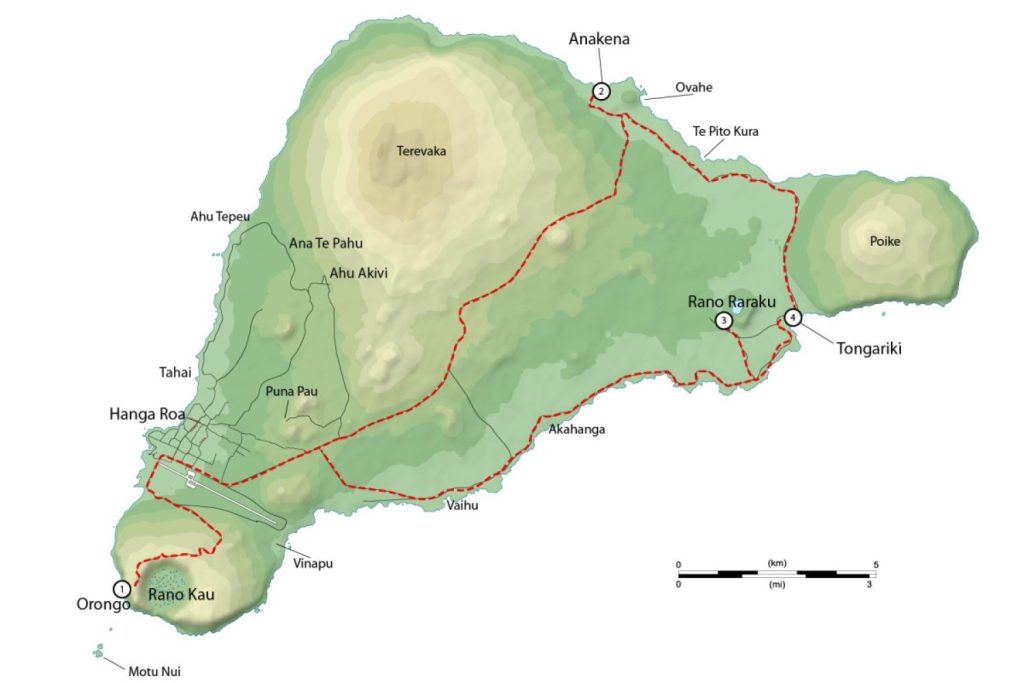 A tourist route map of Rapa Nui illustrating the itinerary and key stops of the Express Tour around the island.
