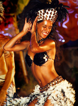 Rapa Nui girl dancing at the evening scene at Tapati Rapa Nui festival.