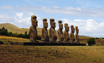 The seven moai statues of Ahu Akivi from afar