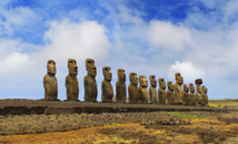 The 15 statues of Ahu Tongariki with burnt grass, Easter Island (Rapa Nui)