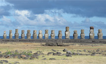 Ahu Tongariki moai statues lined up, panorama evening light