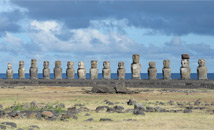 Ahu Tongariki moai statues lined up, panorama evening light