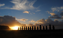 Silhouette of moai statues at Ahu Tongariki at sunrise