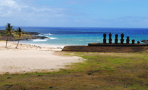 Panorama of Anakena beach with 7 moai statues