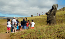 Group of tourists with a guide shooting photos in Rano Raraku, Easter Island (Rapa Nui)
