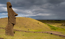 Easter Island moai statue head Piro-Piro with incoming rain clouds