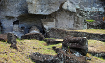 Holes left in Rano Raraku rock wall where moai statues were taken
