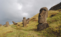 Moais at statue factory of volcano Rano Raraku