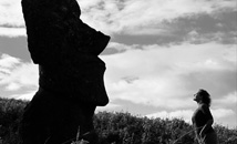 The 15 statues of Ahu Tongariki with burnt grass, Easter Island (Rapa Nui)