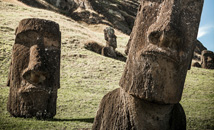Two moai statues at Rano Raraku, volcanic quarry and statue factory