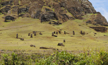 Panorama of the volcanic quarry Rano Raraku