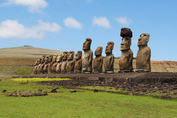 Fifteen statues of Ahu Tongariki in afternoon.