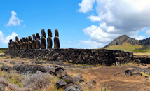 Back of Ahu Tongariki with Rano Raraku volcano