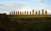 View of Tongariki by by the laying moai at sunset