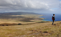 Panoramic view from volcano Poike with asian girl