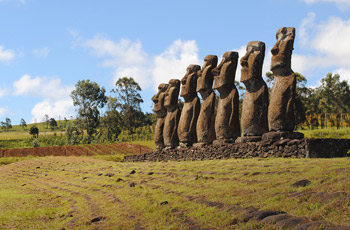 Ahu Akivi with seven statues facing the ocean.
