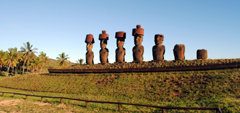 Seven moai statues of Ahu Nau-Nau at Anakena.