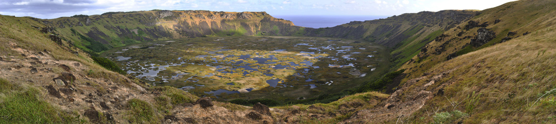 Volcano Rano Kau of Rapa Nui (Easter Island), near stone village of Orongo