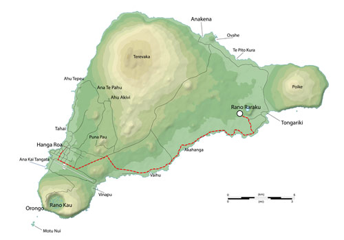 Easter Island map with Rano Raraku trail marked.