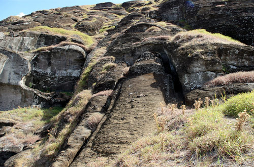 Giant moai Te Tokonga in Rano Raraku.